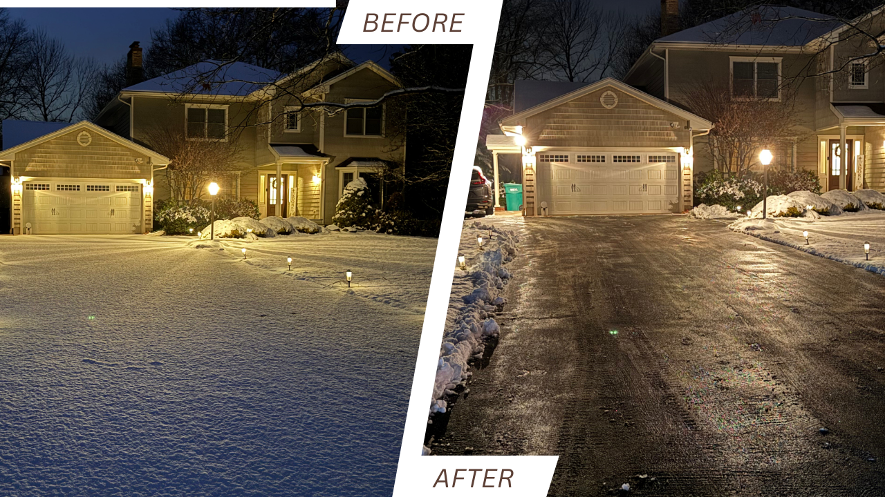 Evening before-and-after comparison of a snow-covered residential driveway and the same driveway after clearing