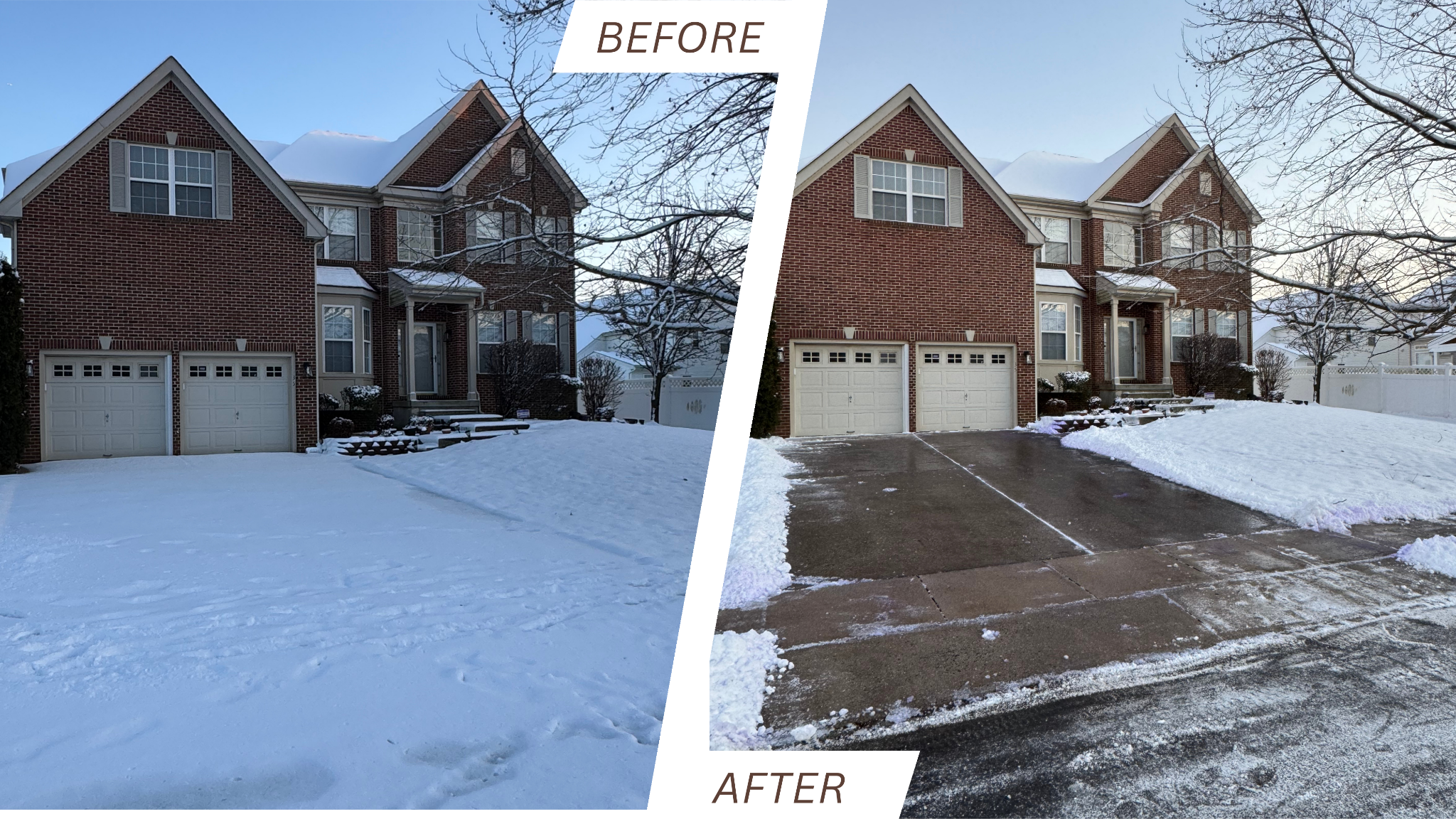 Before-and-after snow removal at a brick home, showing the cleared driveway and front access